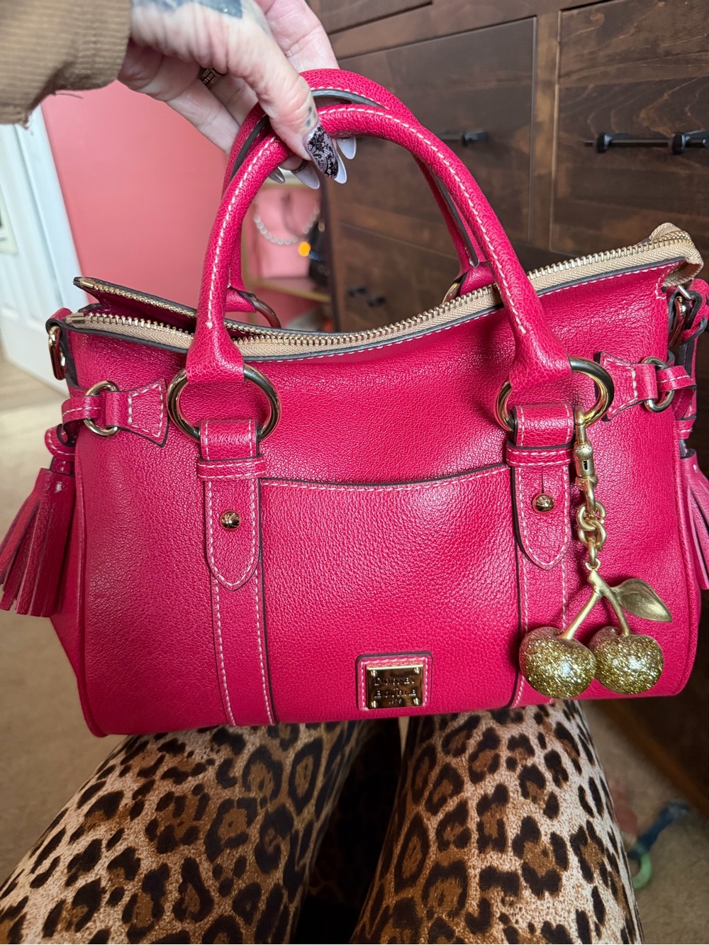 Raspberry Leather Satchel Handbag with Tassel Dooney and Bourke